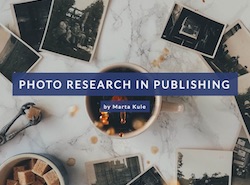 A screenshot of the website title banner, showing text 'Photo research in publishing by Marta Kule', and in the background a photo of a table with old sepia photos acattered around a cup of coffee