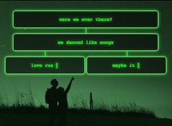 A screenshots of the first three levels of the poem, where the first node leads to only one next node, but the second one leads to two nodes to choose from. The nodes are black rectangles with a glowing green border and glowing green text, on the background of a couple looking up at the night sky.
