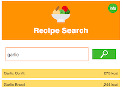 A screenshot of the web app showing a banner with a simple salad drawing, title 'Recipe Search', a search bar, and the top of the list of results