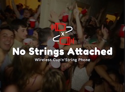 A screenshot of the website banner, showing the logo, a cup-and-string phone with the string cut, text 'No strings attached: wireless cup'n'strings phone' on the background of people partying with red solo cups in hand